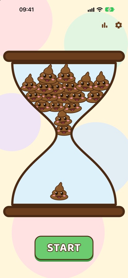 Startbildschirm mit einer Sanduhr voller Poopies und grünem START-Knopf