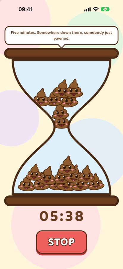 Running timer at 05:38 with a quip in a speech bubble above the hourglass