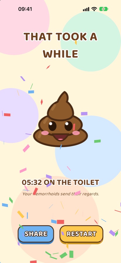 Result screen with the title THAT TOOK A WHILE and 05:32 ON THE TOILET